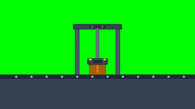 Professional 2D flat vector motion graphics animation of a brown carton box resting firmly on a conveyor belt, stopping under a packaging machine, getting sealed with bright orange tape 