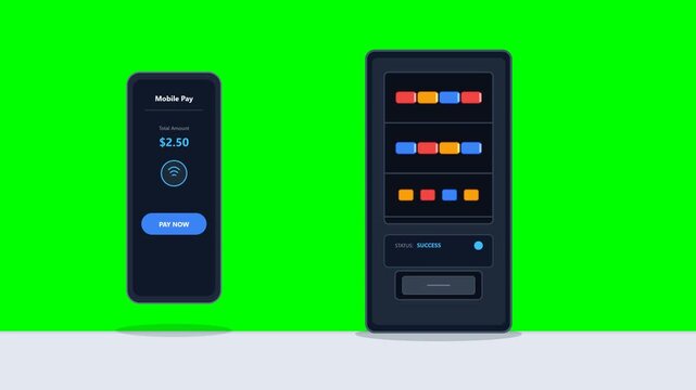 Professional 2D flat vector motion graphics animation of a smart vending machine featuring horizontally oriented beverage cans on the display shelves, dispensing smoothly into the compartment