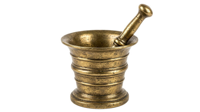 Antique brass mortar and pestle on white background, historic kitchen tool
