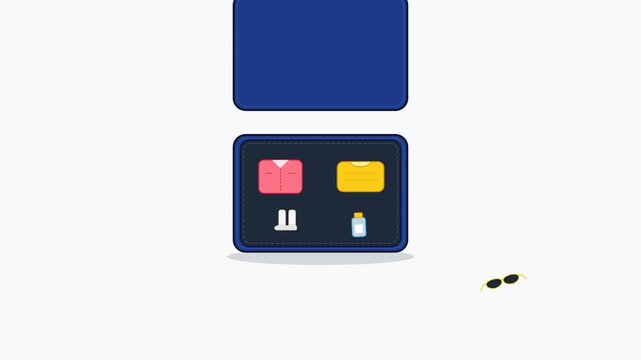 Professional 2D flat vector motion graphics animation of packing travel items including a perfume bottle and sunglasses instead of shoes into a navy blue suitcase with a sliding lid 