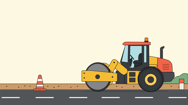 Flat cartoon illustration of a yellow road roller compactor on an asphalt road beside a traffic cone with open cream sky and copy space for construction paving and highway projects