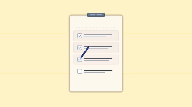 Professional 2D flat vector motion graphics animation of a task checklist on a clipboard with line representations, sequential checkmarks, precise pen tip alignment, and a check badge accent 