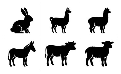 Fototapeta premium Farm animal silhouettes set with rabbit, llama, alpaca, donkey, cow and sheep for agriculture or pet logos