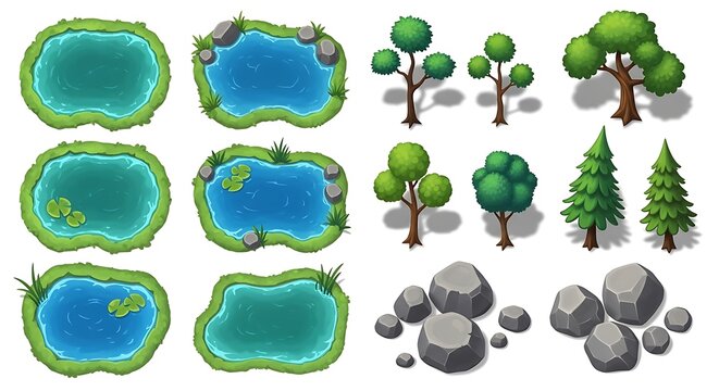 Set of cartoon game assets with ponds trees and rocks for fantasy landscape design elements
