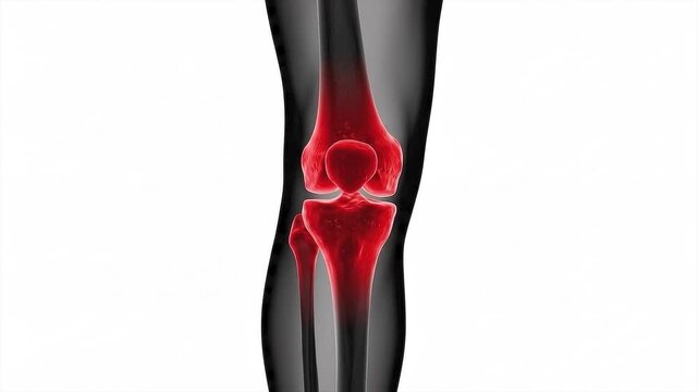 Medical illustration of a human knee joint showing pain and inflammation with red glowing bones and articulation against a white background