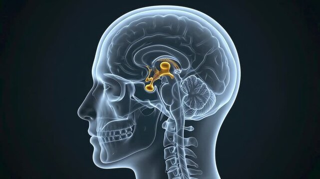 Medical illustration of the human brain with highlighted thalamus and hypothalamus in a transparent skull profile view