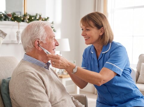Caregiver checking temperature for elderly man during holiday caregiver home visits