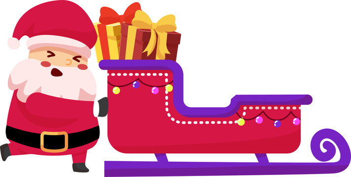 Cute Cartoon Santa Claus Pushing Sleigh with Christmas Gifts
