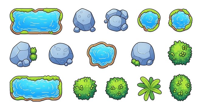 Set of pixel art game assets featuring blue water ponds rocks and green bushes for map design
