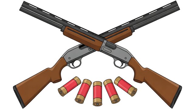 Two Crossed Pump Action Shotguns With Red Shotgun Shells On White Background