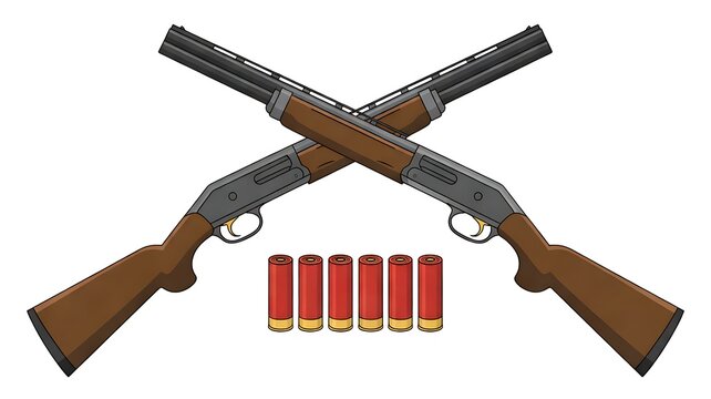 Two Crossed Pump Action Shotguns With Red Shotgun Shells On White Background