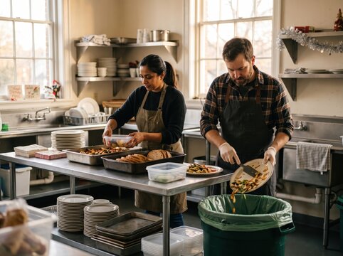 Volunteers prepare holiday food surplus redistribution in kitchen