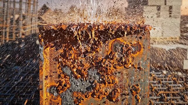 Construction site showing water pouring on metal structure at sunset in city