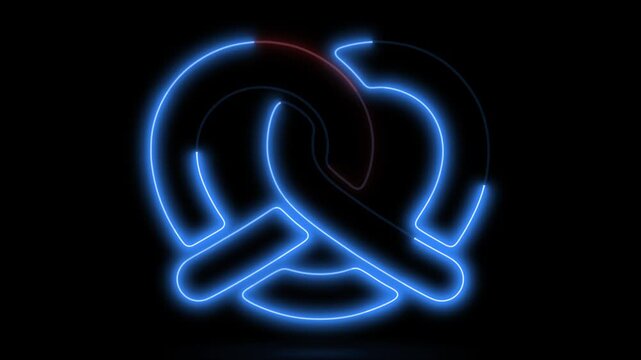 Blue neon glowing pretzel shape animation glowing in dark background