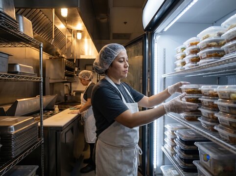 Restaurant worker managing holiday food surplus redistribution in kitchen