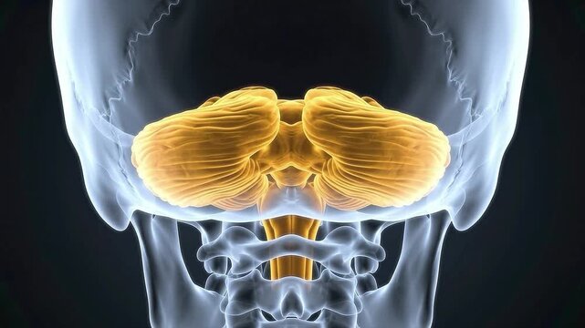 Anatomical 3D Illustration of the Human Cerebellum and Brain Stem within a Transparent Skull on a Dark Background