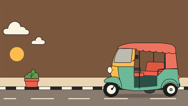 Flat cartoon illustration of a colorful auto rickshaw parked on a quiet city street at sunset with a potted plant clouds warm brown sky and spacious copy space for creative designs