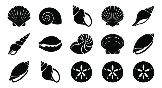 Collection of black seashell silhouettes against a white background