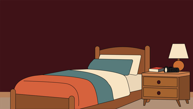 Minimal flat cartoon illustration of a cozy bedroom with wooden bed colorful blankets pillows bedside table lamp flashlight and book against a dark maroon wall with open copy space