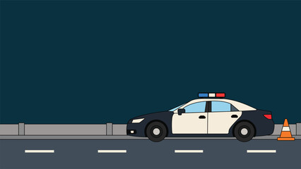 Flat cartoon illustration of a black and white police patrol car parked on a quiet road at night beside an orange traffic cone with red and blue lights and dark teal sky for design © Graphics Tree