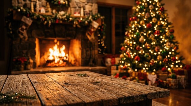 A cozy christmas scene with a warm fireplace and decorated tree