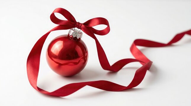 A single red christmas ornament with ribbon on a white background