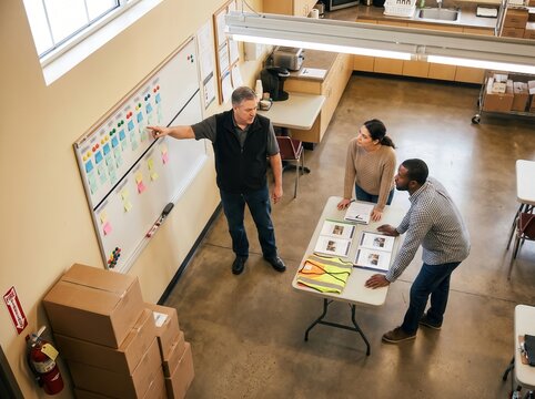 Team discusses seasonal worker onboarding safety in office setting