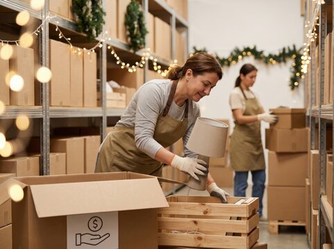 Woman handling holiday returns reverse logistics in warehouse