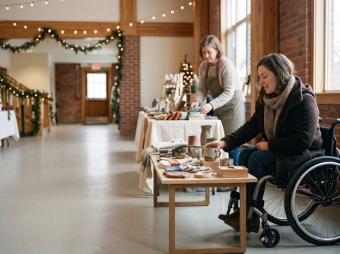 Woman in Wheelchair Shopping at Accessible Holiday Craft Market