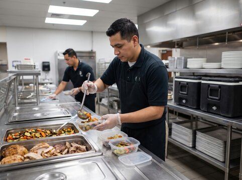 Worker Portions Food For Holiday Food Surplus Redistribution