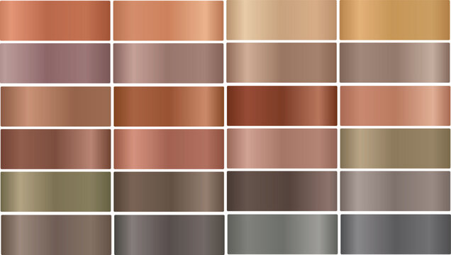 Metallic copper and bronze gradient swatches, 24 earthy tone color palettes, professional vector metal textures for luxury branding