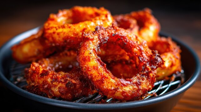 A close-up shot showcasing a delicious pile of crispy fried onion rings, highlighting their golden texture and crispy coating, appealing to food lovers everywhere.
