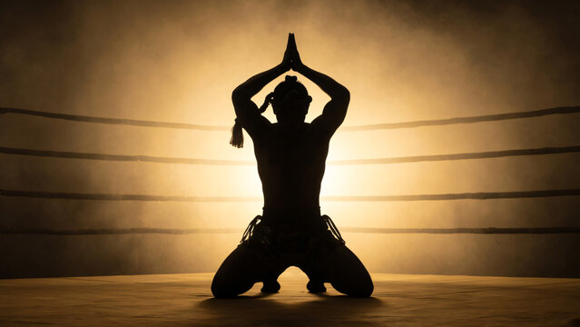 Silhouette of a Muay Thai fighter wearing mongkol performing wai kru ram muay in boxing ring with golden backlight