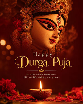 happy durga puja maa durga face poster, divine goddess eyes spiritual ceremony graphic, traditional hindu nine nights festival banner, glowing diya clay lamp night artwork, sacred shakti religious cel