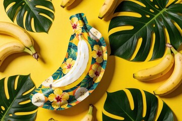 Fototapeta premium Vibrant banana themed packaging design on bright yellow background. Tropical fruit pattern with hibiscus flowers, green monstera leaves. Creative product mockup with real bananas, exotic foliage for