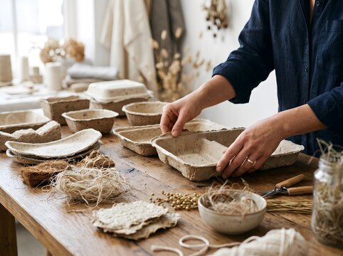 Artisan Hands Shaping Plant Based Packaging From Natural Fibers