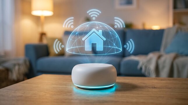 Smart home voice assistant speaker on wooden table with glowing holographic house icon and wireless signals in a cozy modern living room, IoT automation technology concept