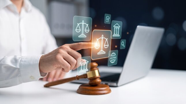 Digital legal technology services, lawyer pointing to glowing law icons, wooden gavel on desk for online justice concepts