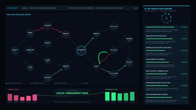 AI workflow optimization dashboard displays routing changes to effectively reduce process bottlenecks with live data visualization and interactive components in a dark-mode interface.