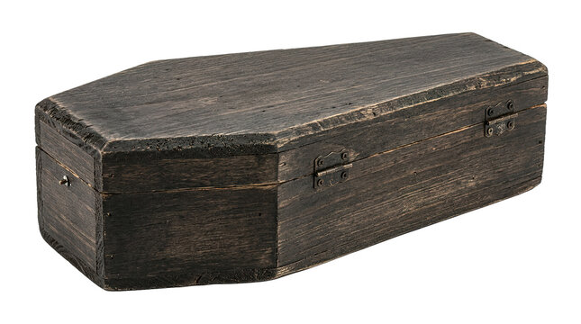 Antique wooden coffin with hinges and dark aged wood texture