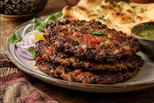 Stacked Peshawari Chapli Kebabs with Naan and Mint Chutney