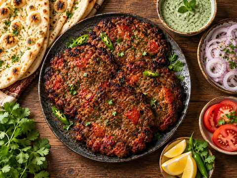 Traditional Chapli Kebab Platter with Naan and Mint Chutney