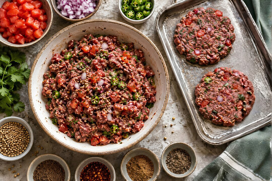 Raw Chapli Kebab Mixture with Fresh Vegetables and Spices