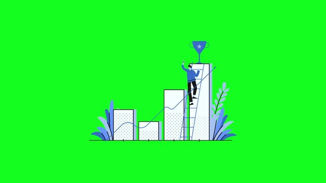 Animated character climbing ladder toward success trophy on growth chart bars video footage featuring green screen background and flat design elements for business presentation concepts