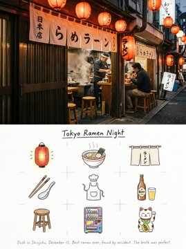 Japanese ramen shop at night with chef cooking and customer eating in