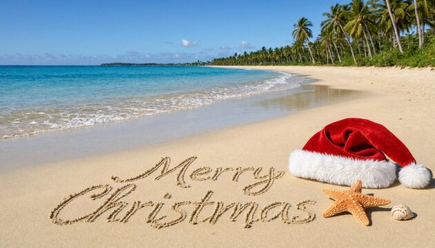 Merry Christmas written in the sand on a tropical beach with a Santa Claus hat, starfish and seashell