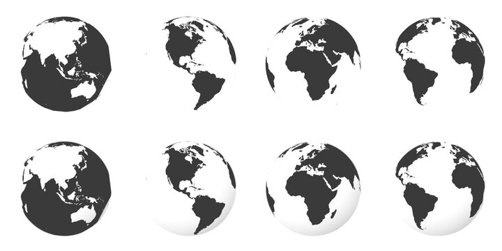 Earth globe icons set, flat dark grey world globes and glass sphere versions showing continents on white background vector