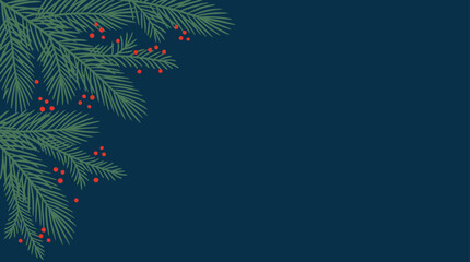 Pine branches with red berries in corner against deep blue background vector illustration © CreativeKamrul