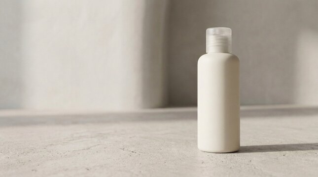 Blank matte ivory facial scrub bottle mockup on pale microcement surface with soft architectural backdrop and generous negative space for design presentation