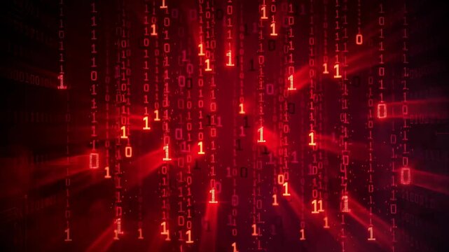 Red binary digits raining on dark background